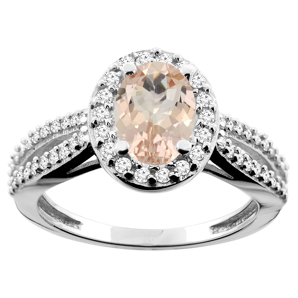 14K White/Yellow/Rose Gold Natural Morganite Ring Oval 8x6mm Diamond Accent, sizes 5 - 10