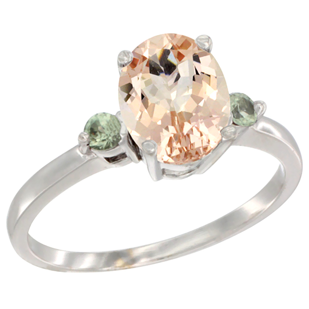 14K White Gold Natural Morganite Ring Oval 9x7 mm Green Sapphire Accent, sizes 5 to 10