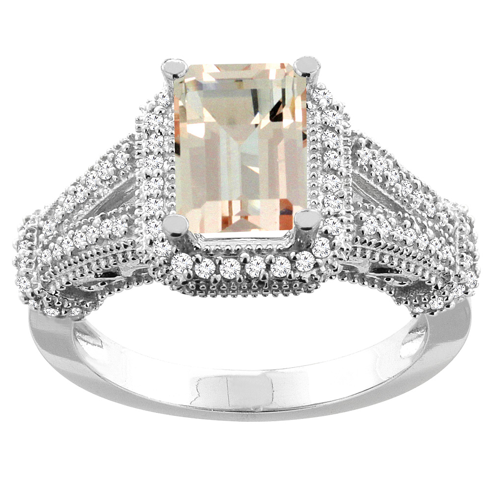 10K White/Yellow/Rose Gold Natural Morganite Ring Octagon 8x6mm Diamond Accent, sizes 5-10