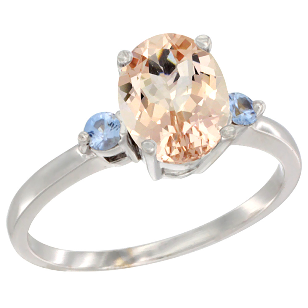 10K White Gold Natural Morganite Ring Oval 9x7 mm Light Blue Sapphire Accent, sizes 5 to 10