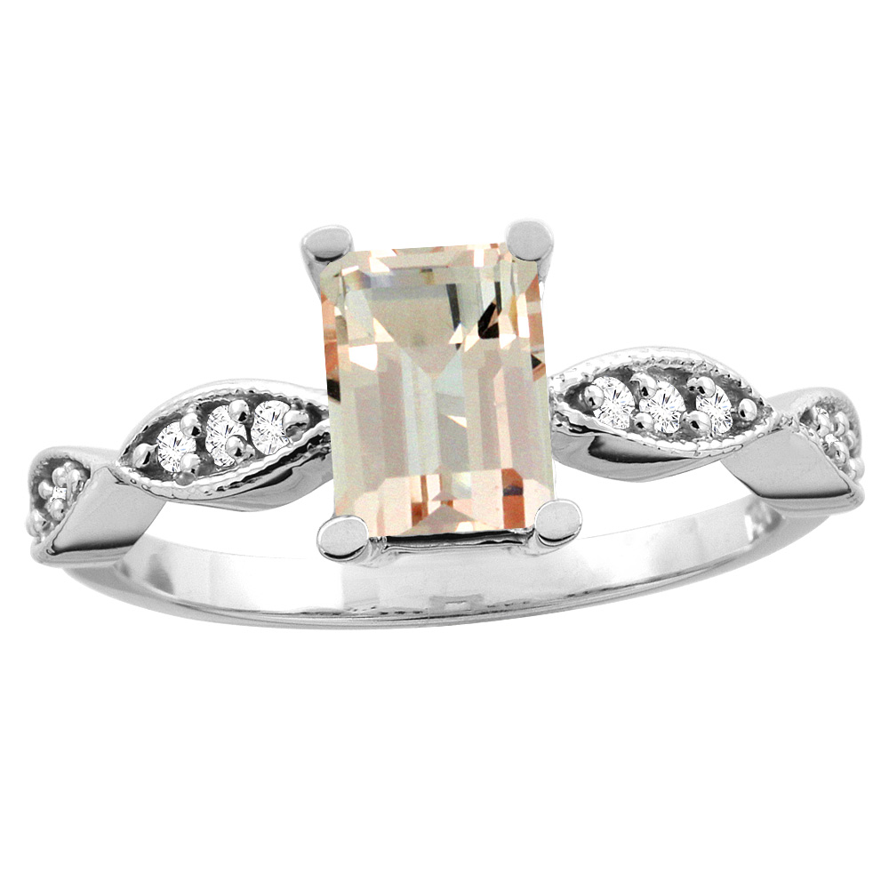 10K White/Yellow Gold Natural Morganite Ring Octagon 8x6mm Diamond Accent, sizes 5 - 10