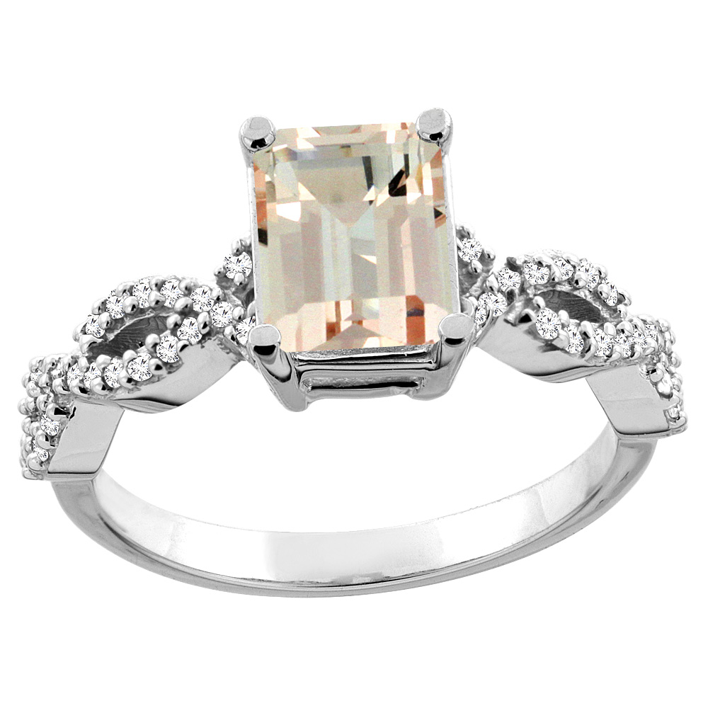 10K White/Yellow Gold/Yellow Gold Natural Morganite Ring Octagon 8x6mm Diamond Accent, sizes 5 - 10