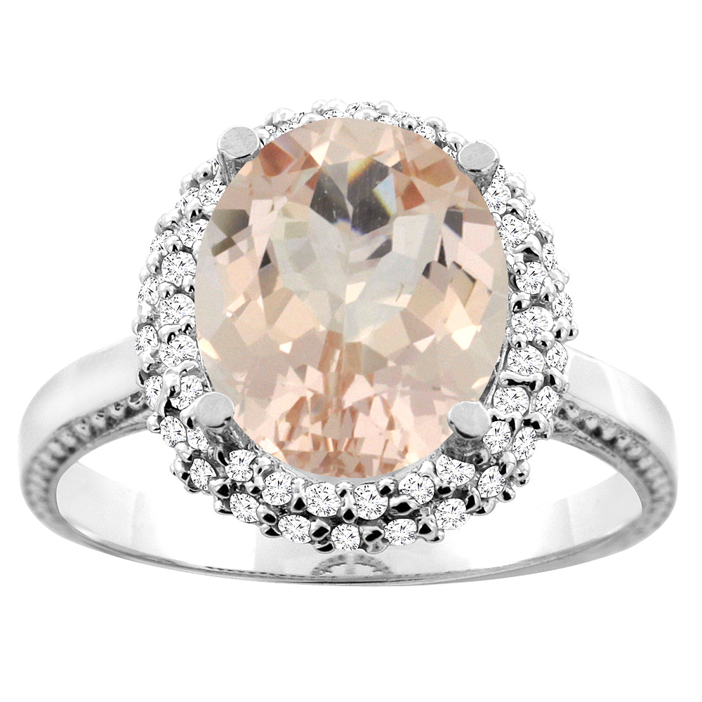 10K White/Yellow Gold Natural Morganite Double Halo Ring Oval 10x8mm Diamond Accent, sizes 5 - 10