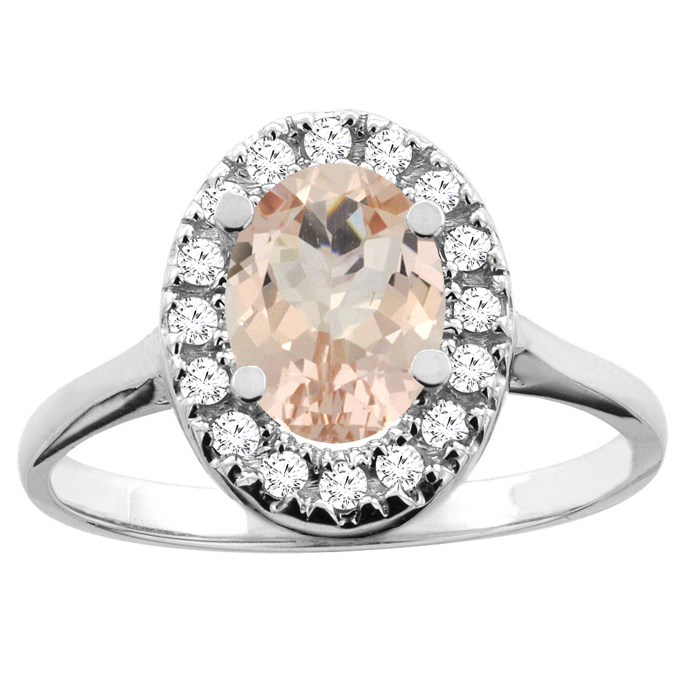 14K White/Yellow Gold Natural Morganite Ring Oval 8x6mm Diamond Accent, sizes 5 - 10