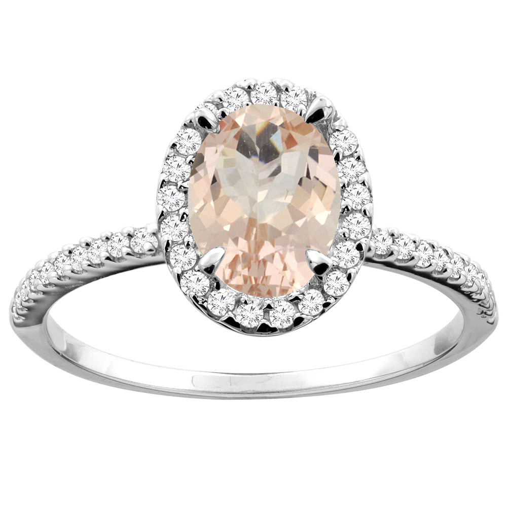 10K White/Yellow Gold Natural Morganite Ring Oval 8x6mm Diamond Accent, sizes 5 - 10