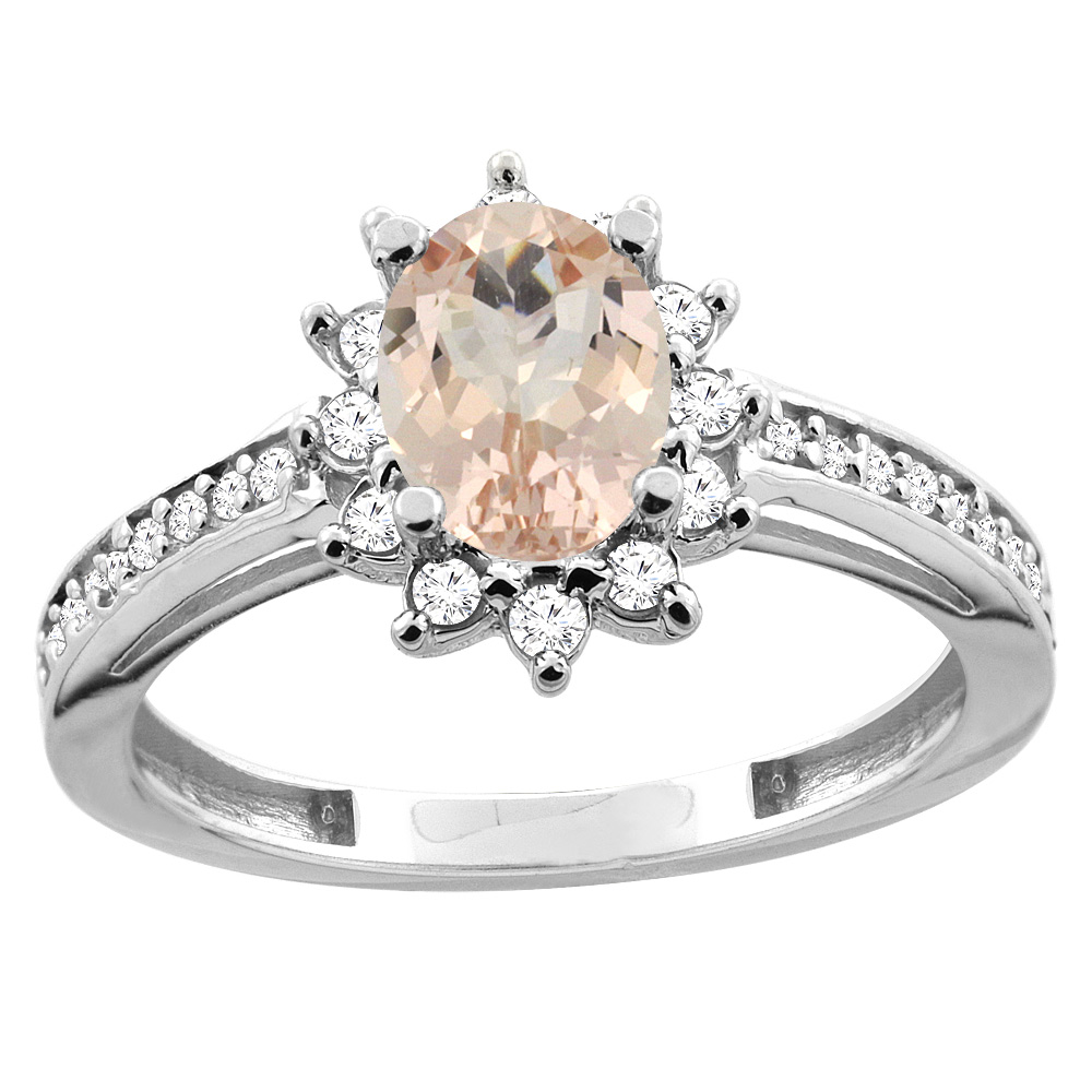 10K White/Yellow Gold Diamond Natural Morganite Floral Halo Engagement Ring Oval 7x5mm, sizes 5 - 10