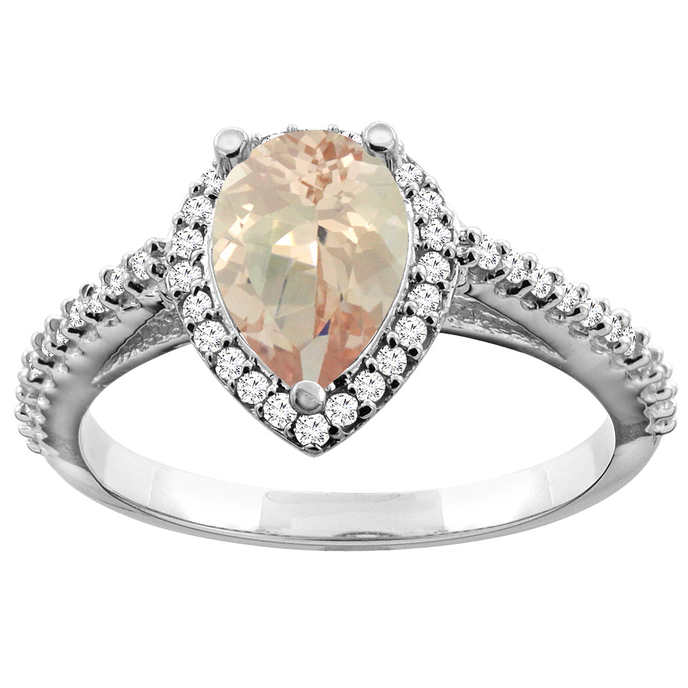 10K White Gold Natural Morganite Ring Pear 9x7mm Diamond Accents, sizes 5 - 10