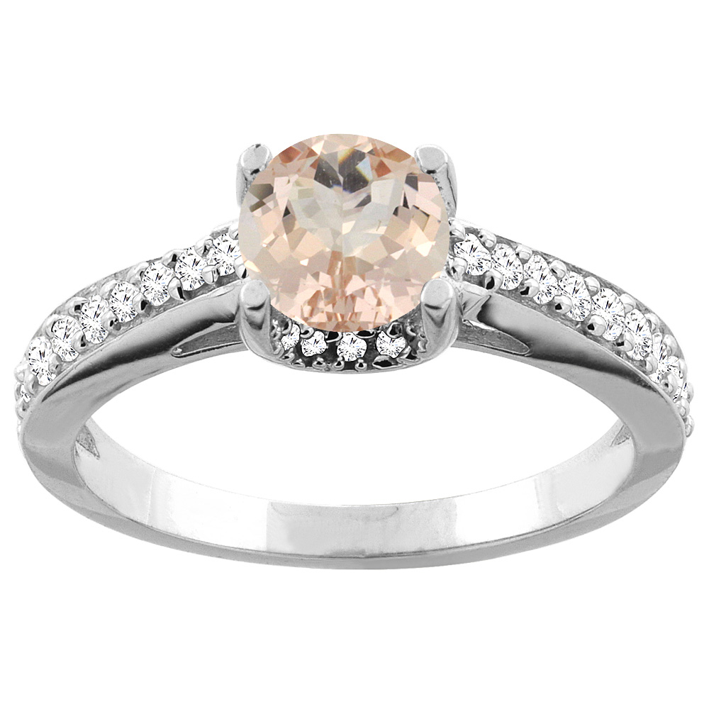 14K Yellow Gold Natural Morganite Ring Round 6mm Diamond Accents 1/4 inch wide, sizes 5 - 10