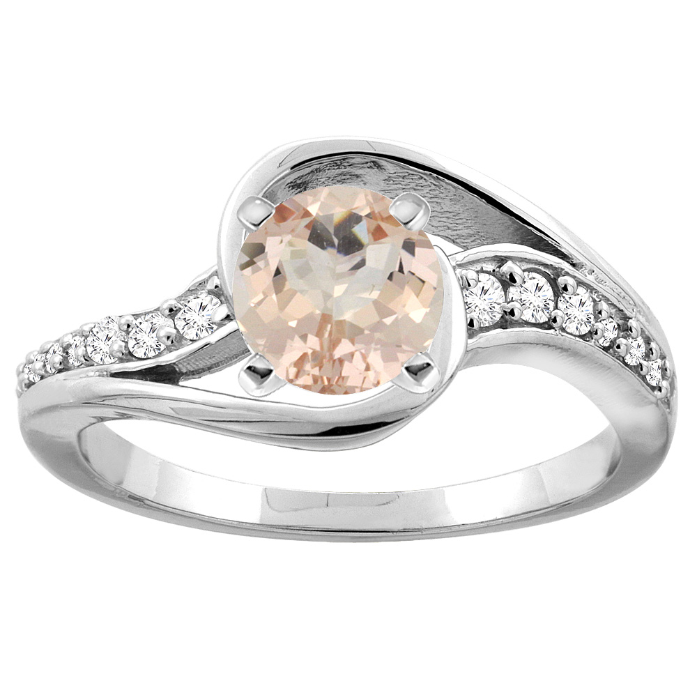 10K White/Yellow Gold Natural Morganite Bypass Ring Round 6mm Diamond Accent, sizes 5 - 10