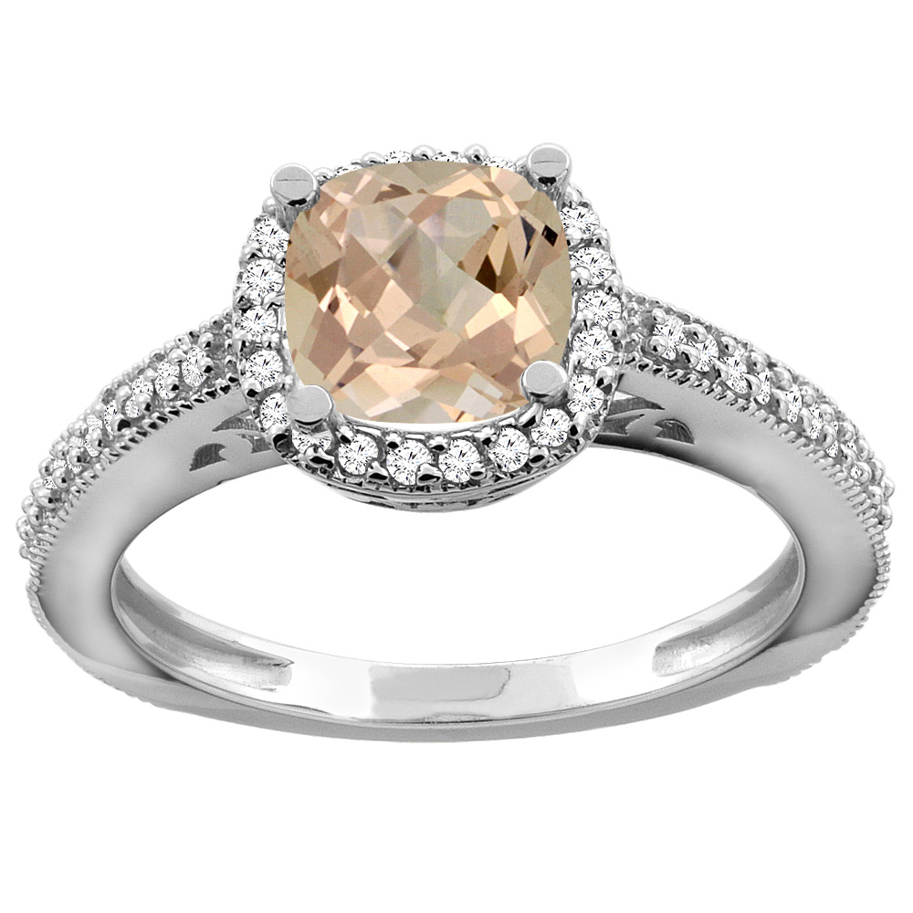 14K Gold Natural Morganite Engagement Ring Diamond Halo Cushion 7mm, sizes 5 - 10