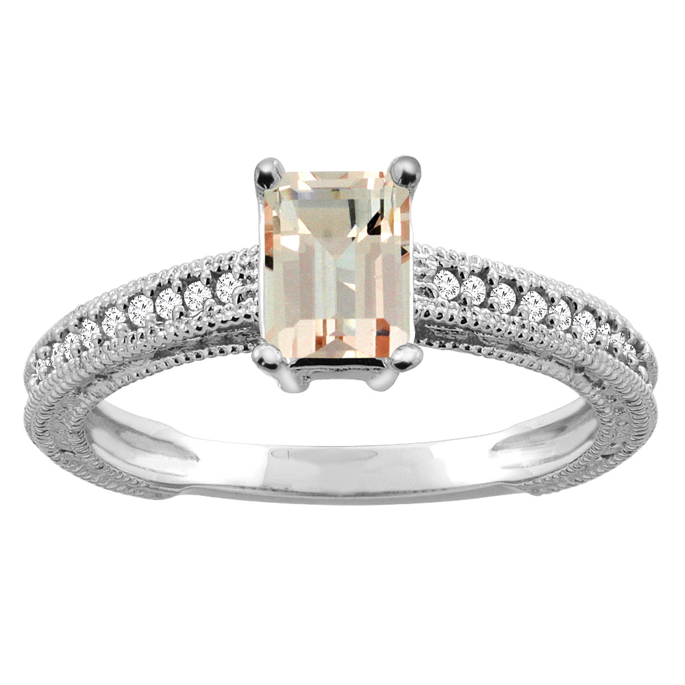 10K Gold Natural Morganite Engagement Ring Octagon 8x6mm Diamond Accents, sizes 5 - 10