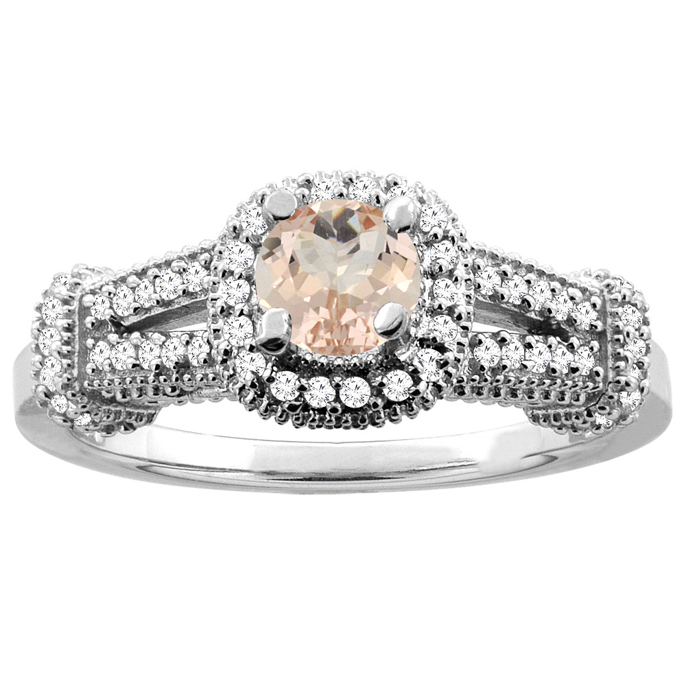 14K Yellow Gold Natural Morganite Engagement Halo Ring Round 5mm Diamond Accents, sizes 5 - 10