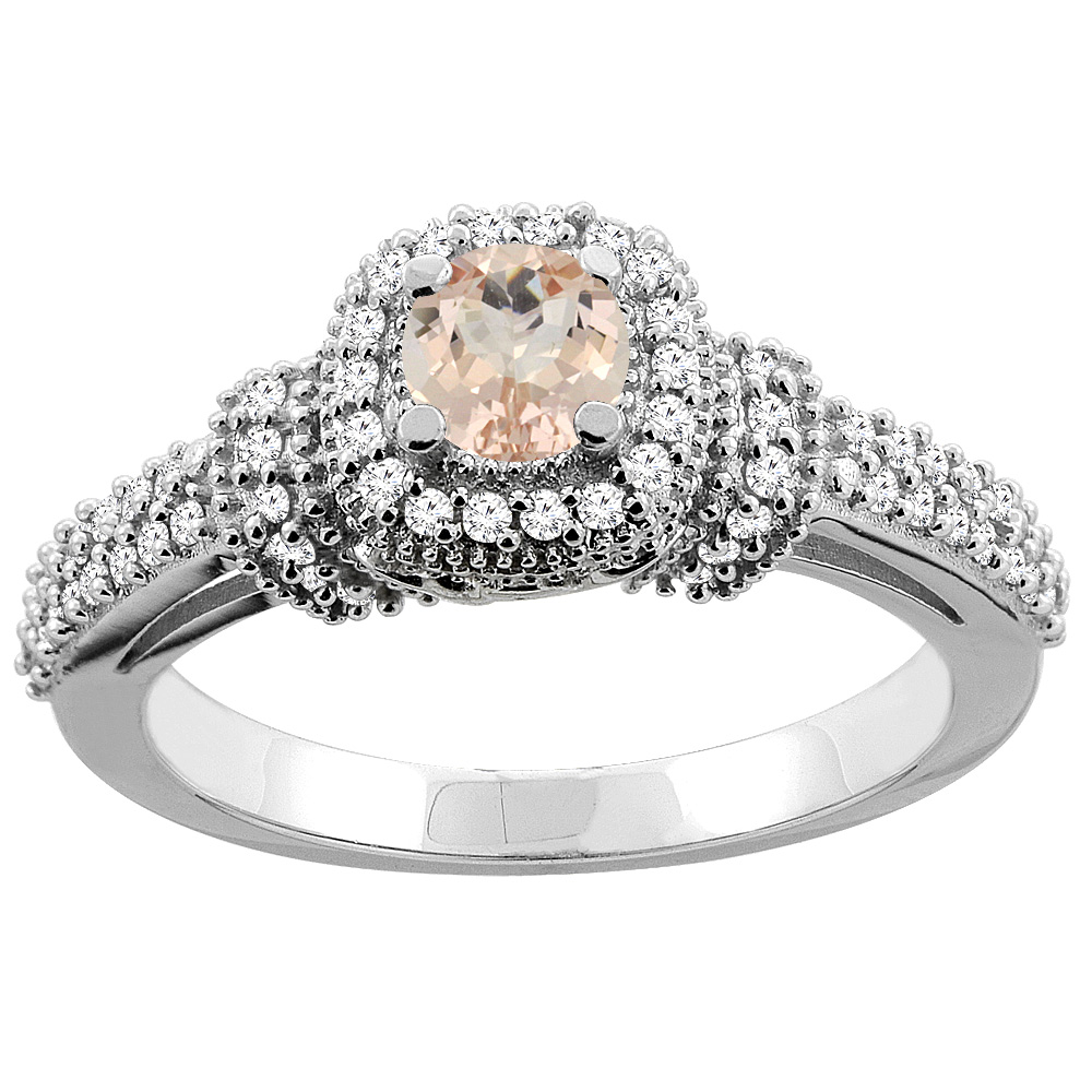 14K Gold Natural Morganite Engagement Halo Ring Round 5mm Diamond Accents, sizes 5 - 10