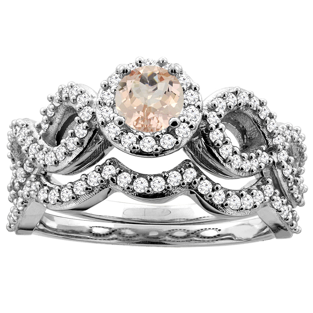 10K Yellow Gold Natural Morganite Engagement Halo Ring Round 5mm Diamond 2-piece Accents, sizes 5 - 10