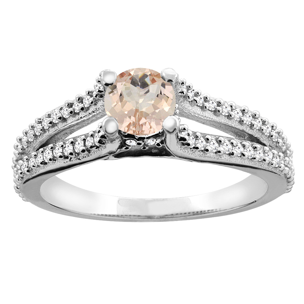 14K Yellow Gold Natural Morganite Engagement Split Shank Ring Round 5mm Diamond Accents, sizes 5 - 10