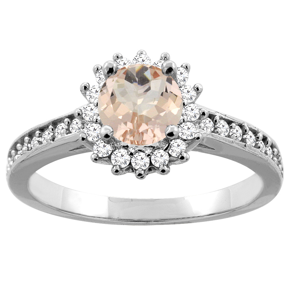 10K Gold Natural Morganite Floral Halo Diamond Engagement Ring Round 6mm, sizes 5 - 10