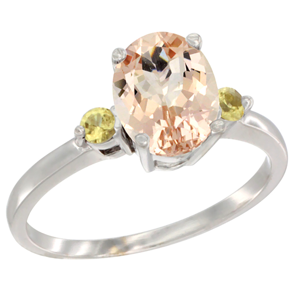 14K White Gold Natural Morganite Ring Oval 9x7 mm Yellow Sapphire Accent, sizes 5 to 10