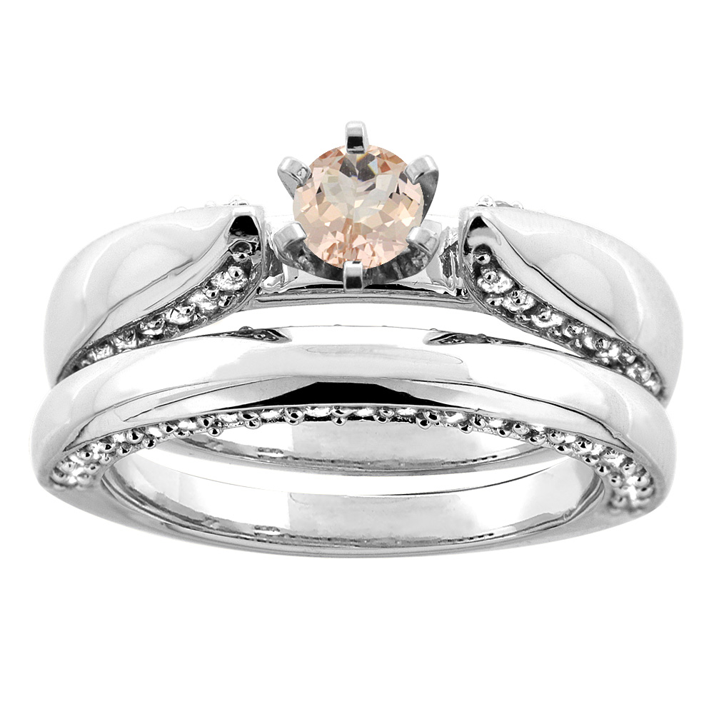 10K White Gold Natural Morganite 2-piece Bridal Ring Set Diamond Accents Round 5mm, sizes 5 - 10
