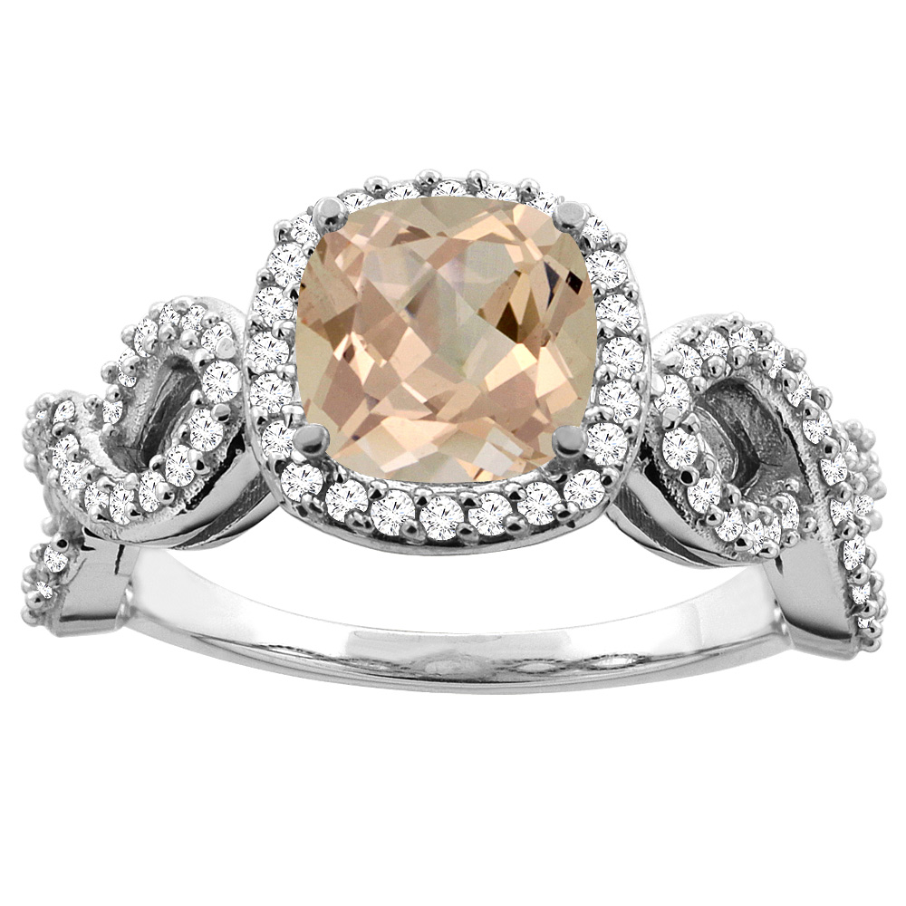 10K Gold Natural Morganite Engagement Ring Cushion 7mm Eternity Diamond Accents, sizes 5 - 10