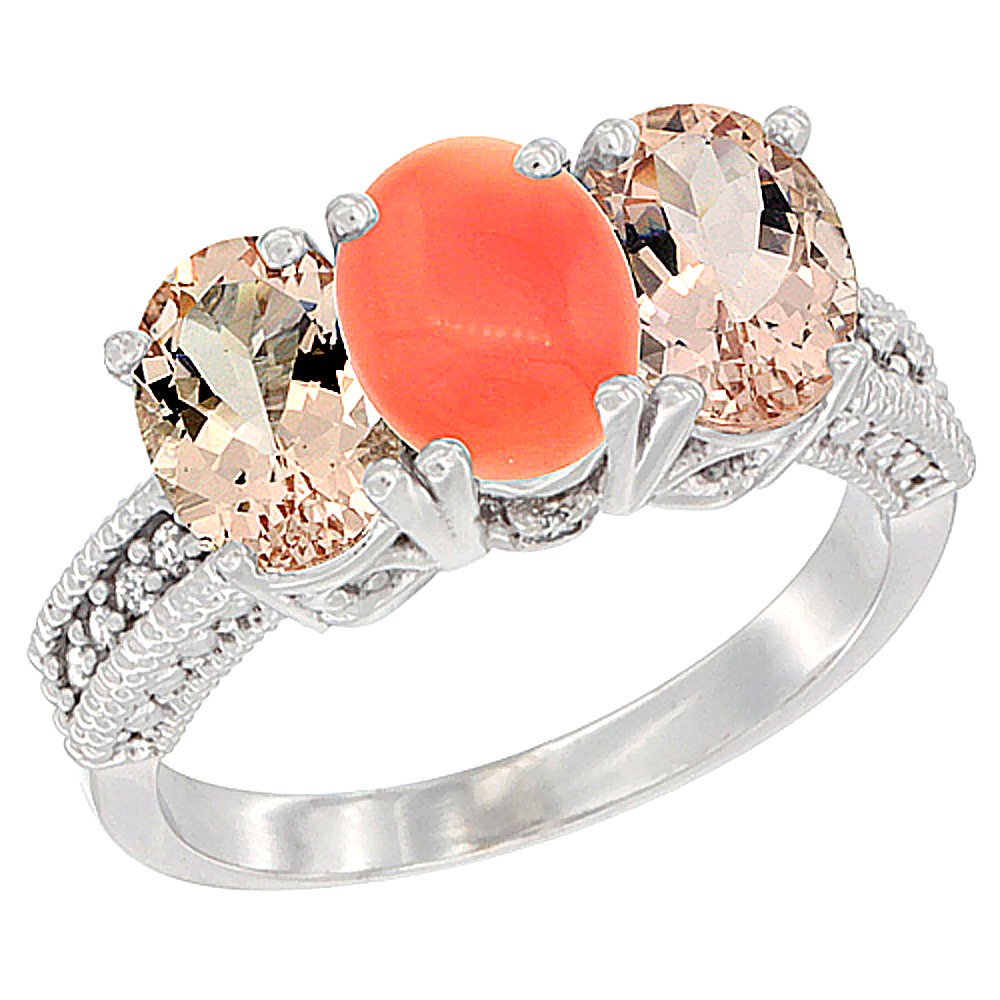 10K White Gold Natural Coral &amp; Morganite Sides Ring 3-Stone Oval 7x5 mm Diamond Accent, sizes 5 - 10