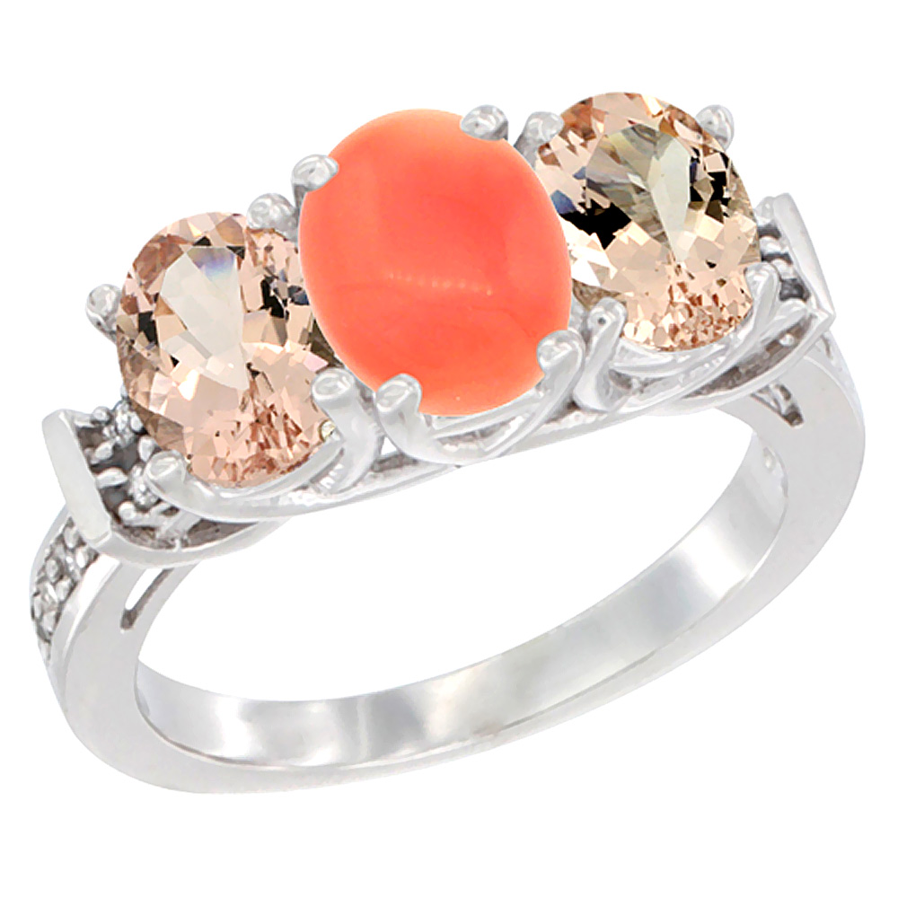 14K White Gold Natural Coral &amp; Morganite Sides Ring 3-Stone Oval Diamond Accent, sizes 5 - 10