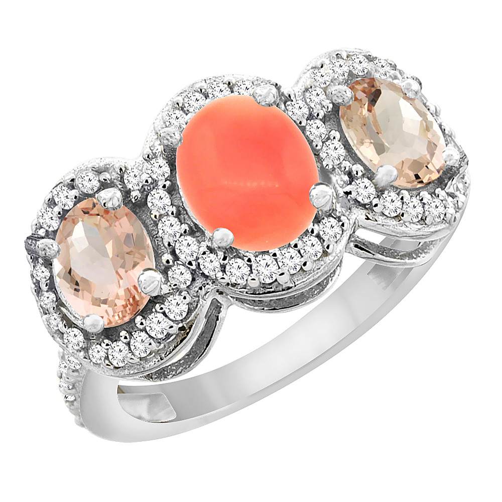 14K White Gold Natural Coral &amp; Morganite 3-Stone Ring Oval Diamond Accent, sizes 5 - 10