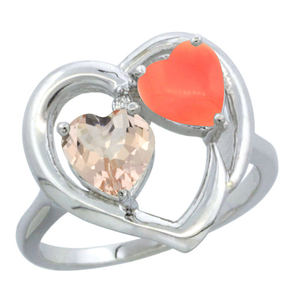 14K White Gold Diamond Two-stone Heart Ring 6mm Natural Morganite & Coral, sizes 5-10