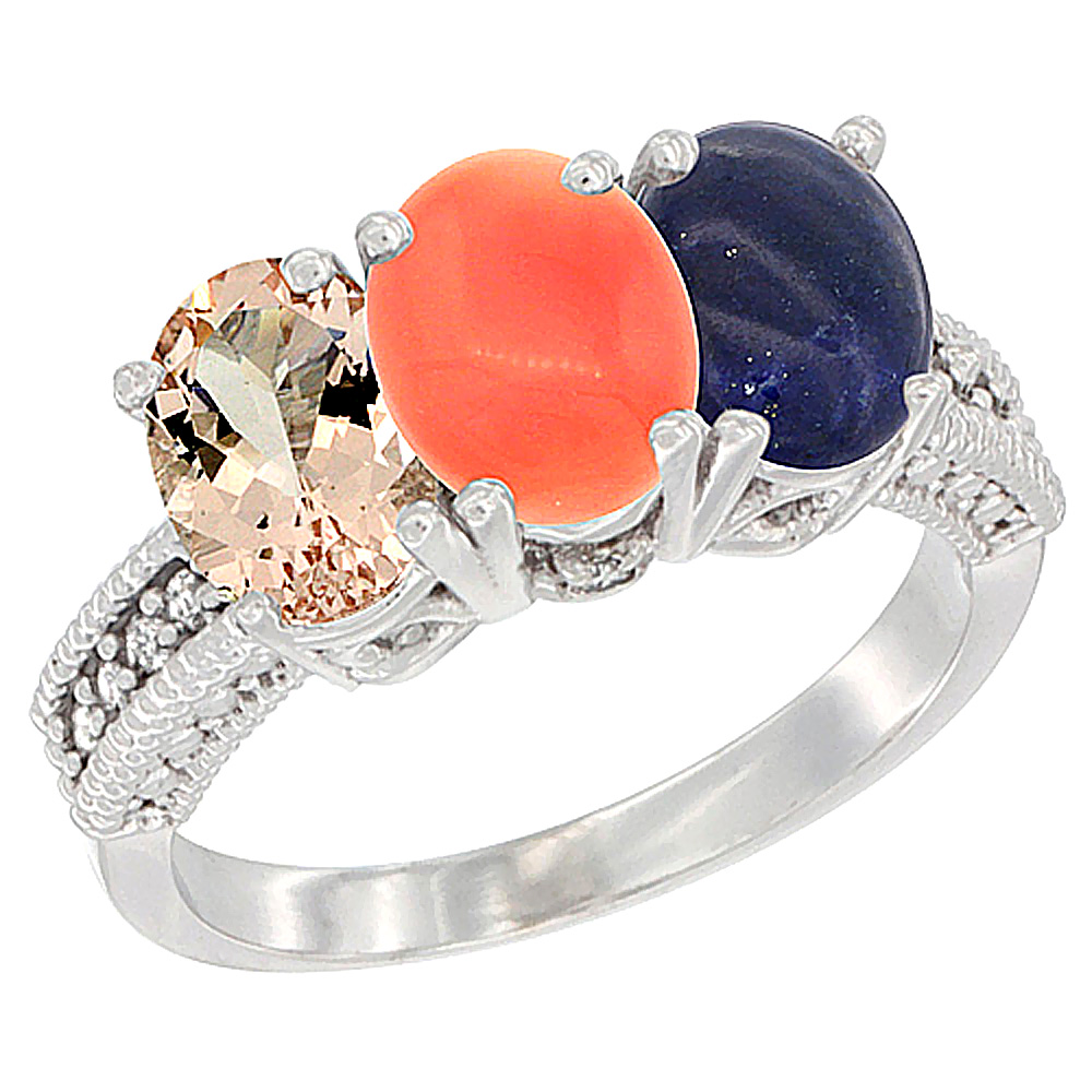 10K White Gold Natural Morganite, Coral &amp; Lapis Ring 3-Stone Oval 7x5 mm Diamond Accent, sizes 5 - 10