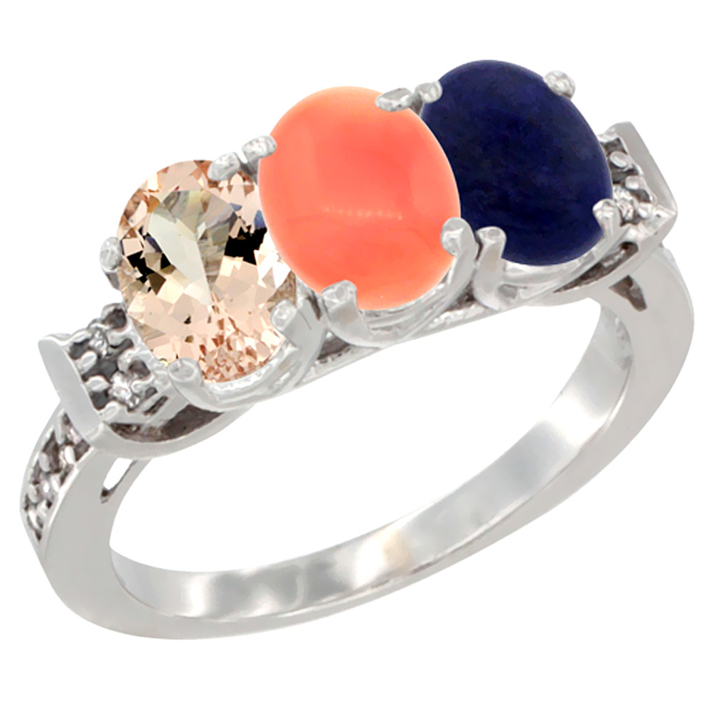 14K White Gold Natural Morganite, Coral & Lapis Ring 3-Stone Oval 7x5 mm Diamond Accent, sizes 5 - 10