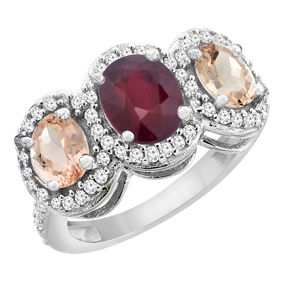 10K White Gold Natural Quality Ruby & Morganite 3-stone Mothers Ring Oval Diamond Accent, size 5 - 10