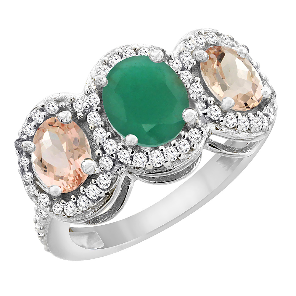 14K White Gold Natural Quality Emerald &amp; Morganite 3-stone Mothers Ring Oval Diamond Accent, size 5 - 10