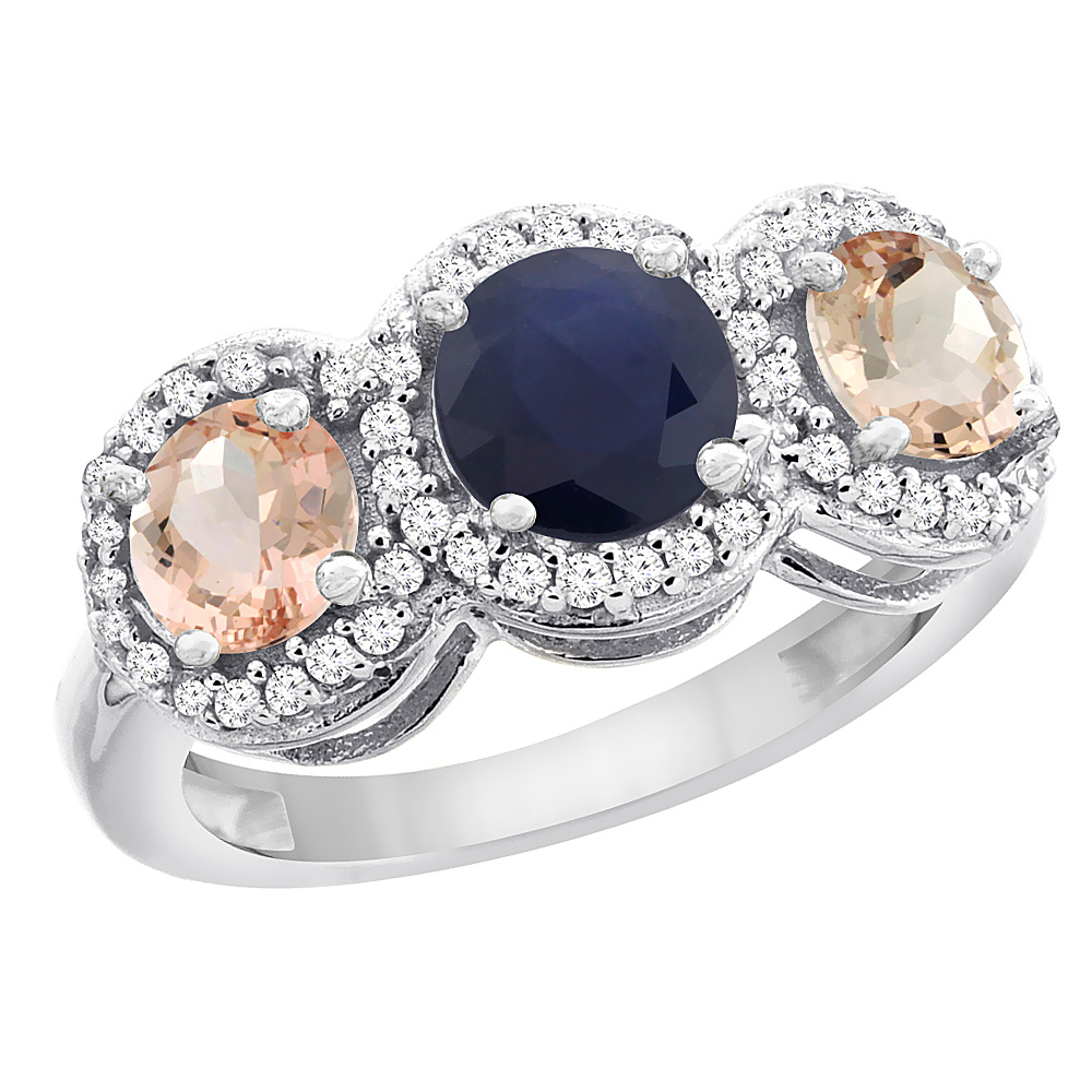 14K White Gold Natural High Quality Blue Sapphire &amp; Morganite Sides Round 3-stone Ring Diamond Accents, sizes 5 - 10