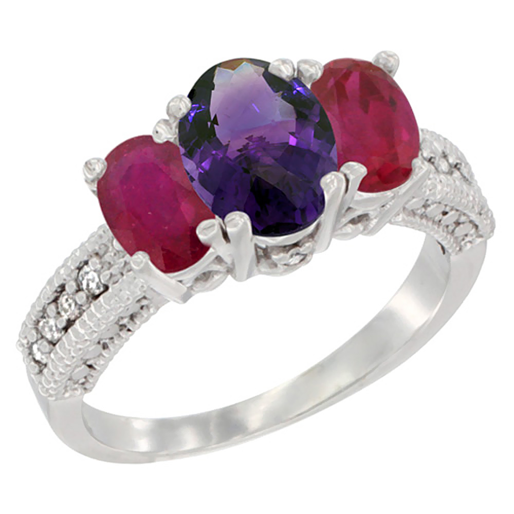 10K White Gold Diamond Natural Amethyst Ring Oval 3-stone with Enhanced Ruby, sizes 5 - 10