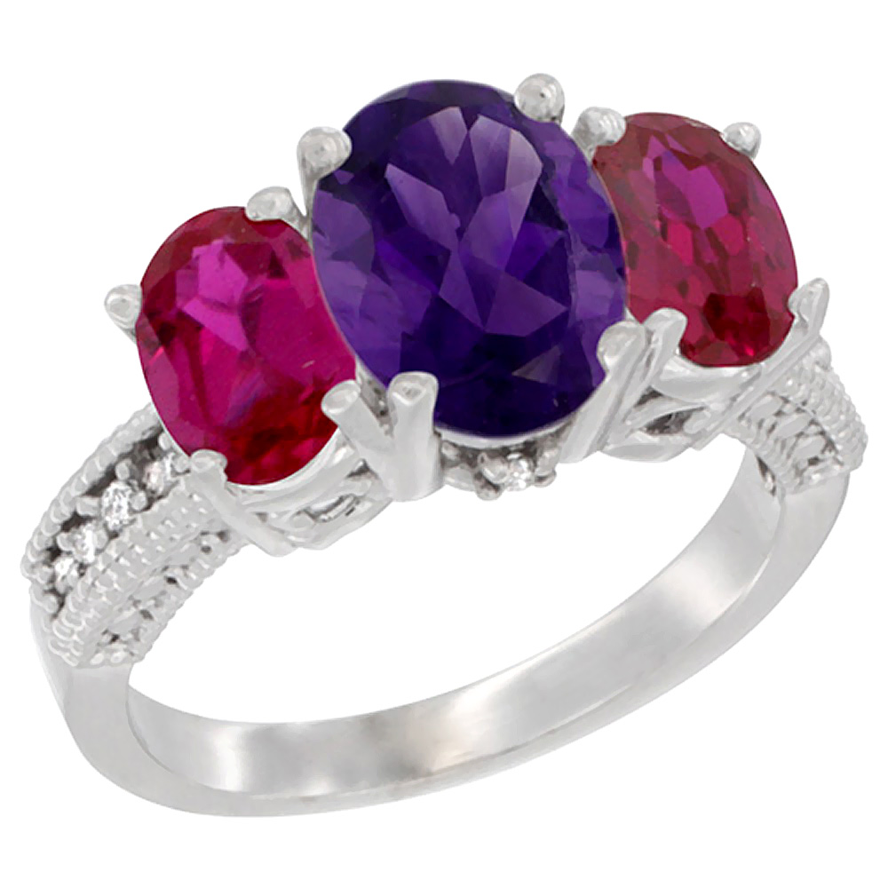 14K White Gold Diamond Natural Amethyst Ring 3-Stone Oval 8x6mm with Ruby, sizes5-10