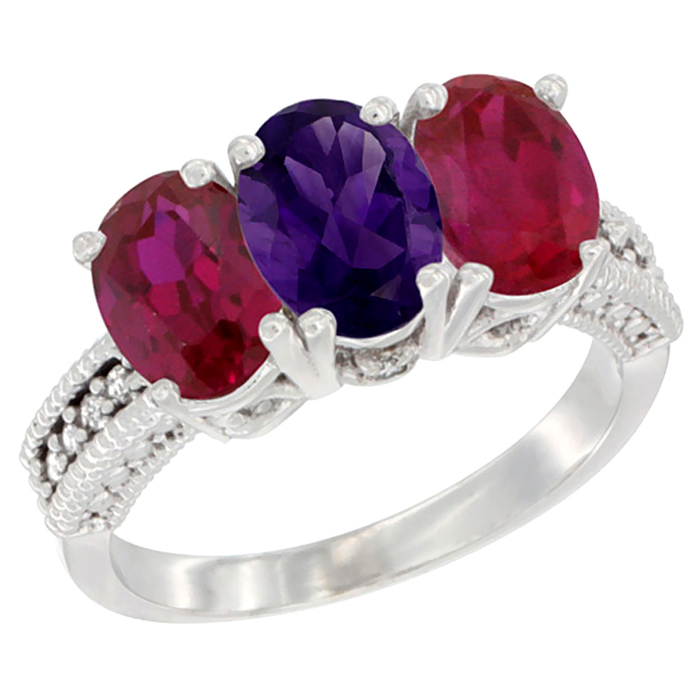 14K White Gold Natural Amethyst & Enhanced Ruby Sides Ring 3-Stone Oval 7x5 mm Diamond Accent, sizes 5 - 10