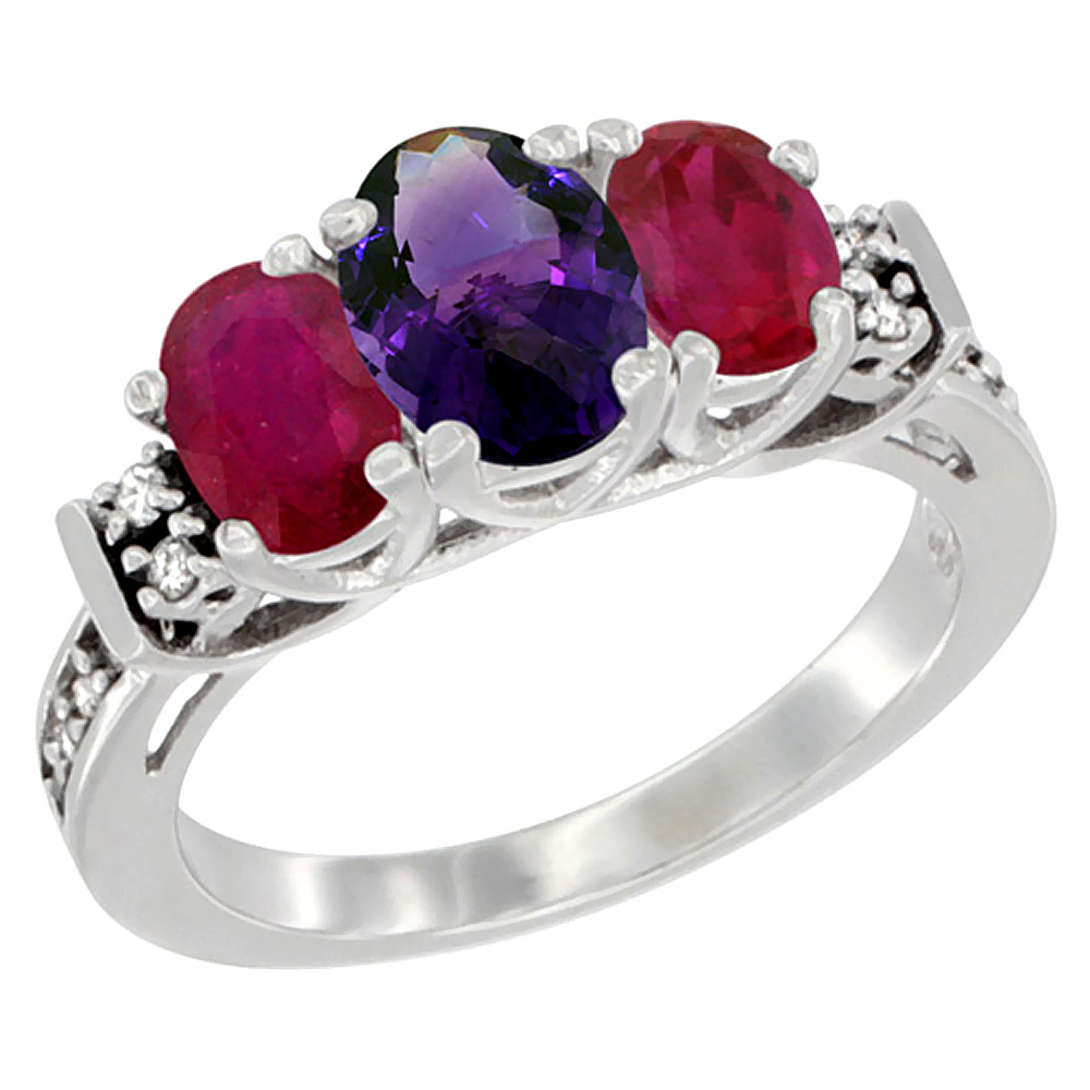 10K White Gold Natural Amethyst &amp; Enhanced Ruby Ring 3-Stone Oval Diamond Accent, sizes 5-10