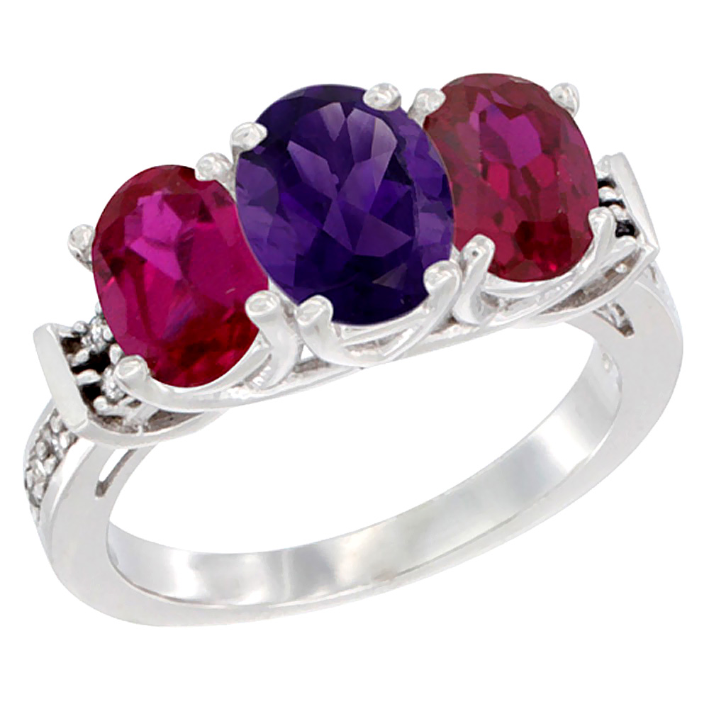 10K White Gold Natural Amethyst &amp; Enhanced Ruby Sides Ring 3-Stone Oval Diamond Accent, sizes 5 - 10