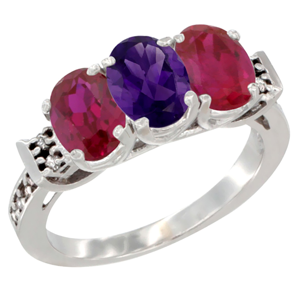 10K White Gold Natural Amethyst &amp; Enhanced Ruby Sides Ring 3-Stone Oval 7x5 mm Diamond Accent, sizes 5 - 10