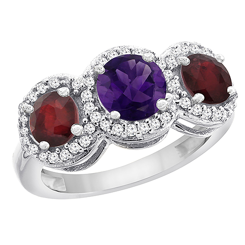 10K White Gold Natural Amethyst & Enhanced Ruby Sides Round 3-stone Ring Diamond Accents, sizes 5 - 10
