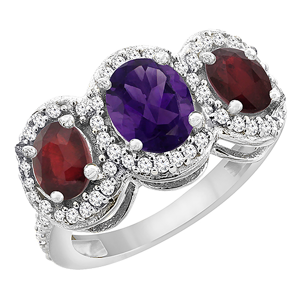 10K White Gold Natural Amethyst & Enhanced Ruby 3-Stone Ring Oval Diamond Accent, sizes 5 - 10