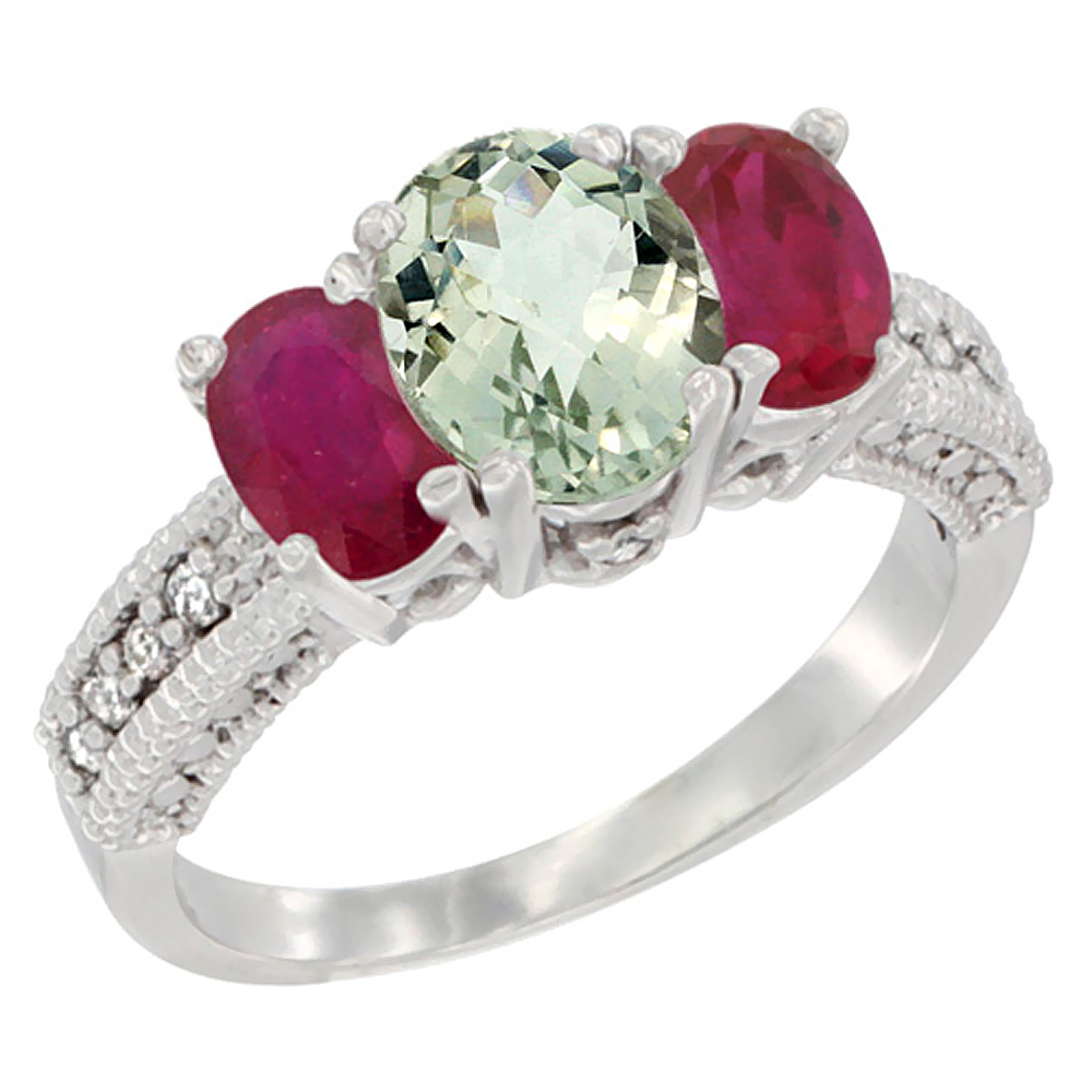 10K White Gold Diamond Natural Green Amethyst Ring Oval 3-stone with Enhanced Ruby, sizes 5 - 10