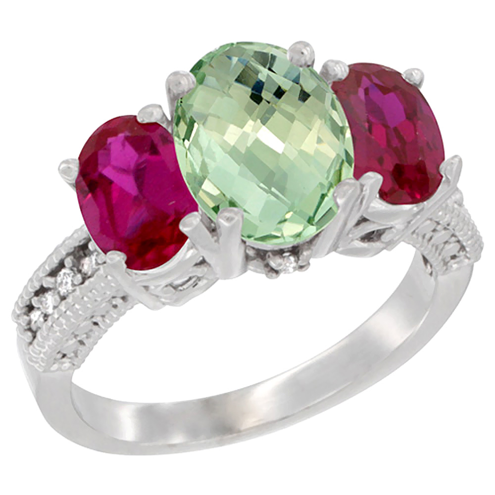 14K White Gold Diamond Natural Green Amethyst Ring 3-Stone Oval 8x6mm with Ruby, sizes5-10