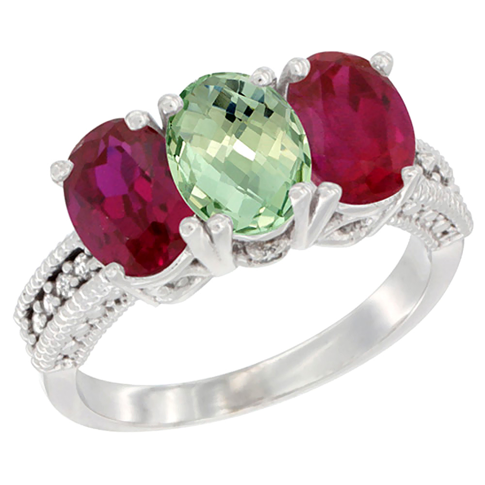 14K White Gold Natural Green Amethyst &amp; Enhanced Ruby Sides Ring 3-Stone Oval 7x5 mm Diamond Accent, sizes 5 - 10