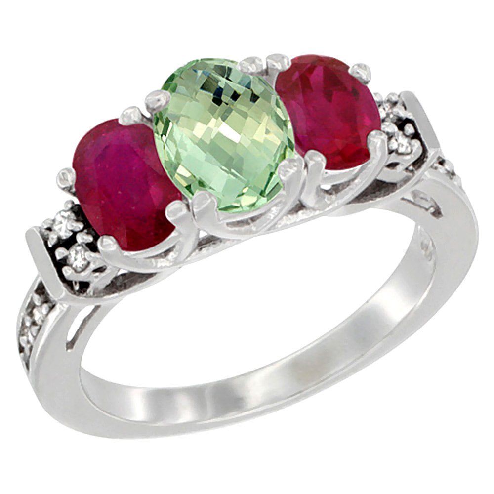 10K White Gold Natural Green Amethyst &amp; Enhanced Ruby Ring 3-Stone Oval Diamond Accent, sizes 5-10