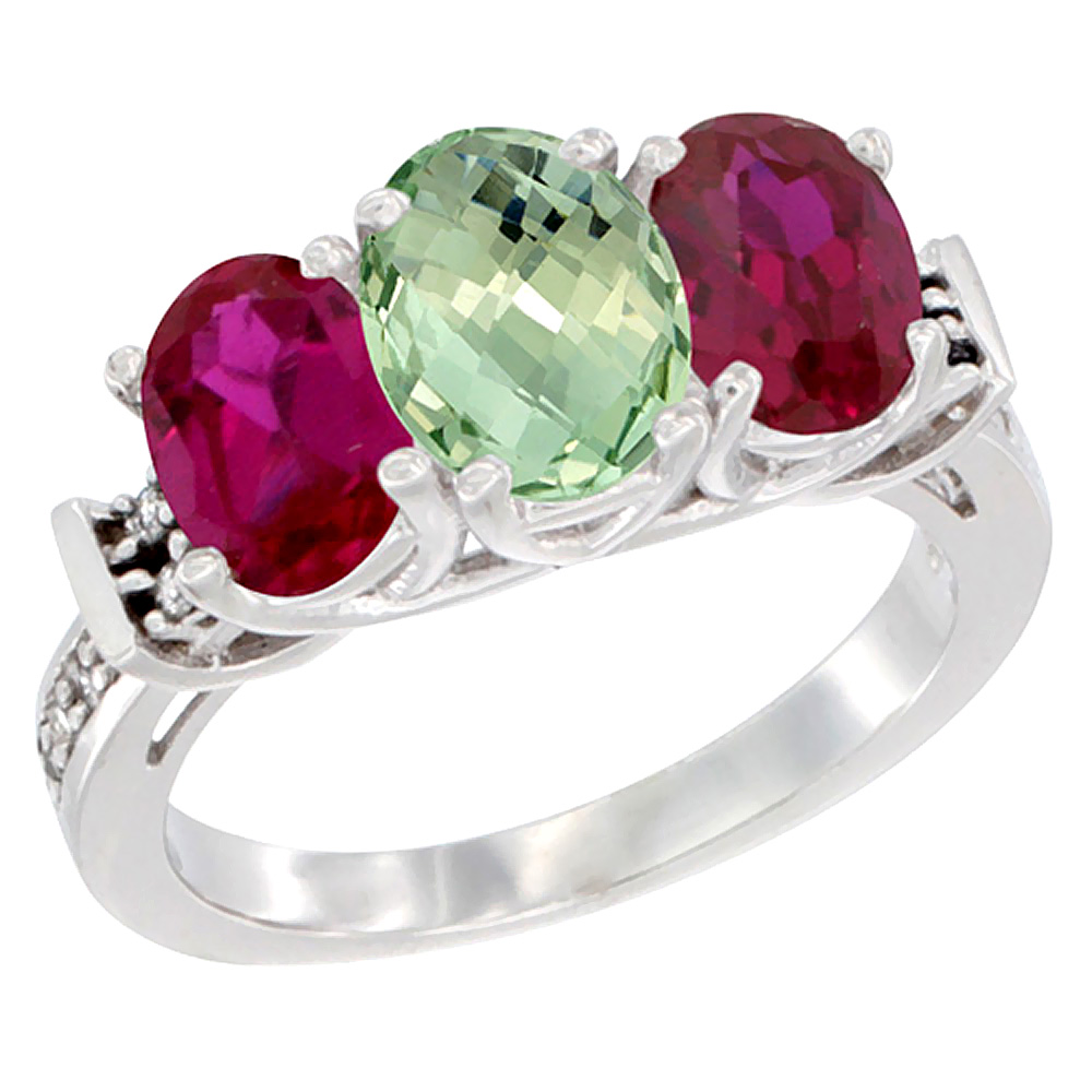 14K White Gold Natural Green Amethyst &amp; Enhanced Ruby Sides Ring 3-Stone Oval Diamond Accent, sizes 5 - 10