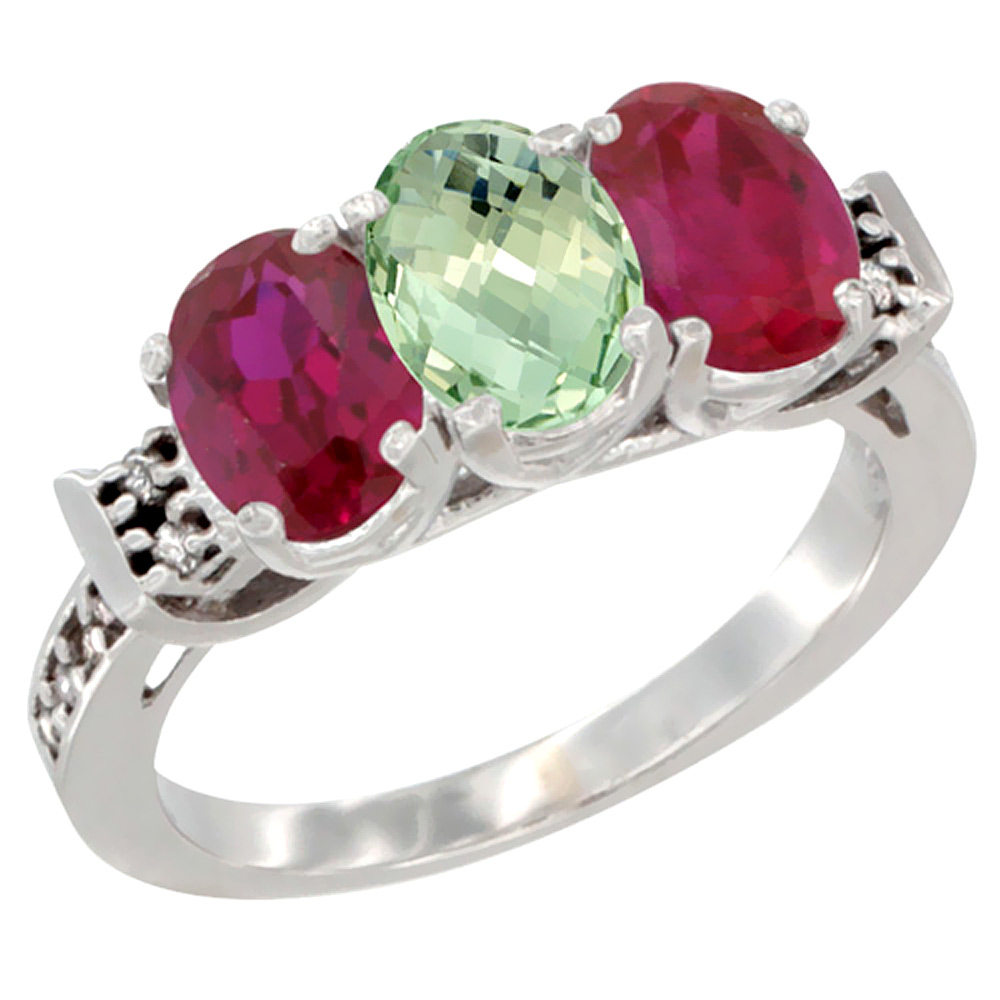 10K White Gold Natural Green Amethyst &amp; Enhanced Ruby Sides Ring 3-Stone Oval 7x5 mm Diamond Accent, sizes 5 - 10