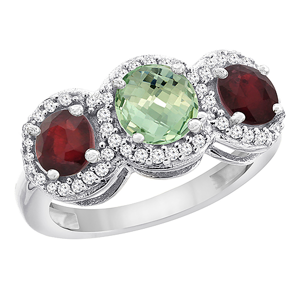 14K White Gold Natural Green Amethyst &amp; Enhanced Ruby Sides Round 3-stone Ring Diamond Accents, sizes 5 - 10