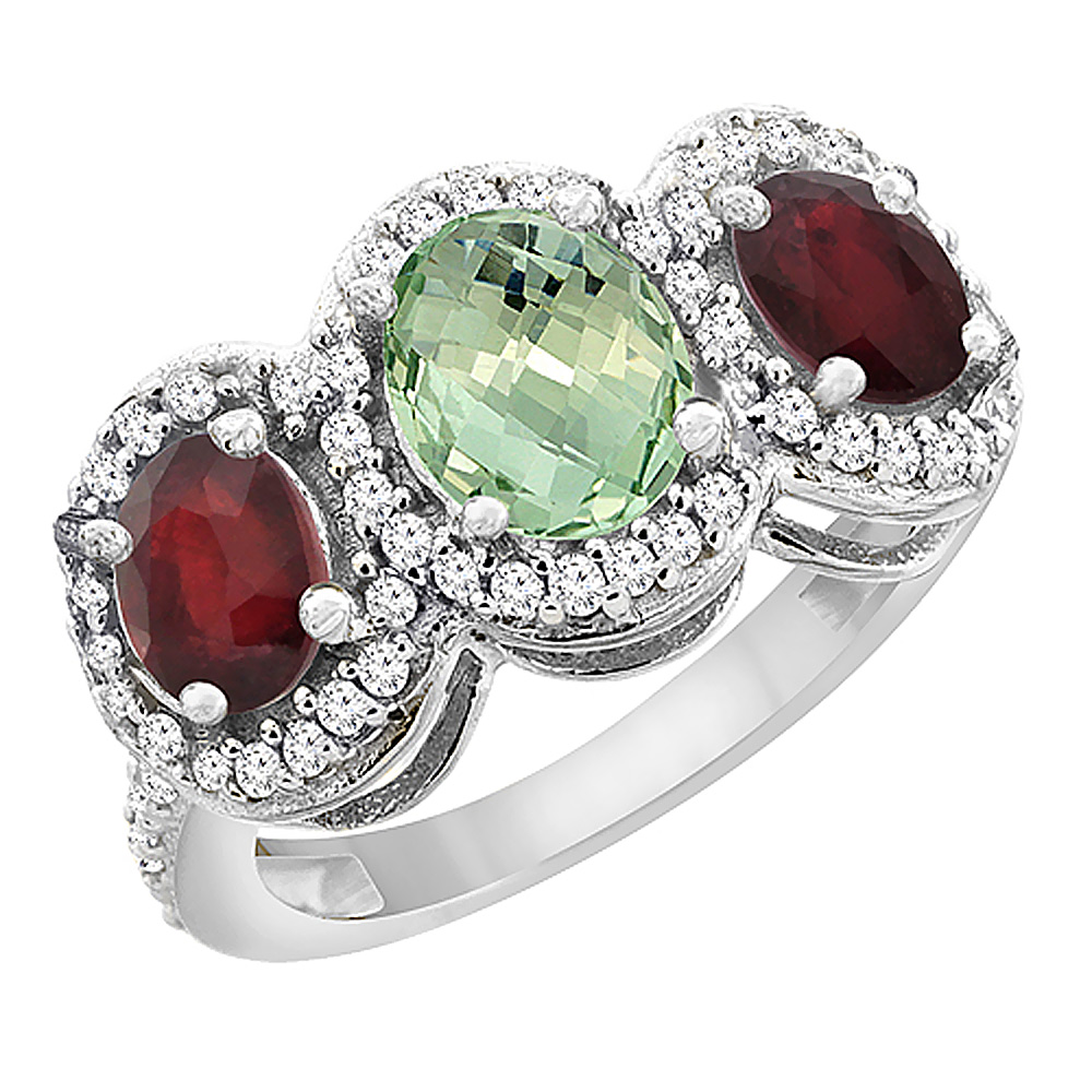 10K White Gold Natural Green Amethyst & Enhanced Ruby 3-Stone Ring Oval Diamond Accent, sizes 5 - 10