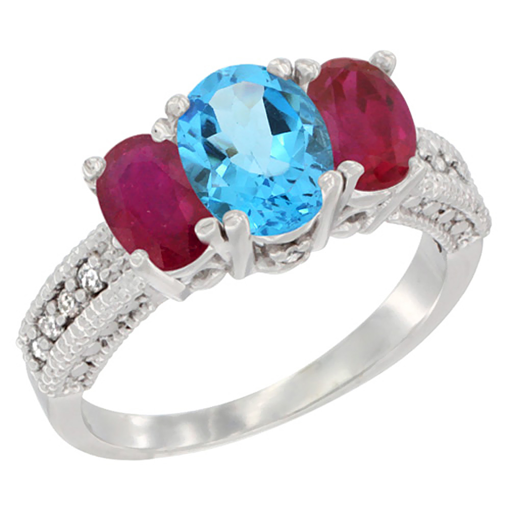 10K White Gold Diamond Natural Swiss Blue Topaz Ring Oval 3-stone with Enhanced Ruby, sizes 5 - 10