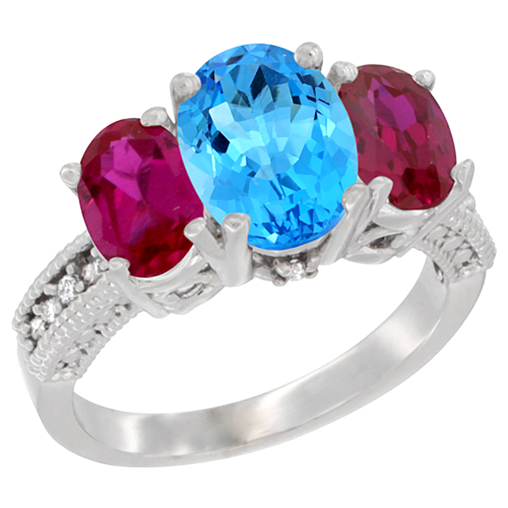 14K White Gold Diamond Natural Swiss Blue Topaz Ring 3-Stone Oval 8x6mm with Ruby, sizes5-10